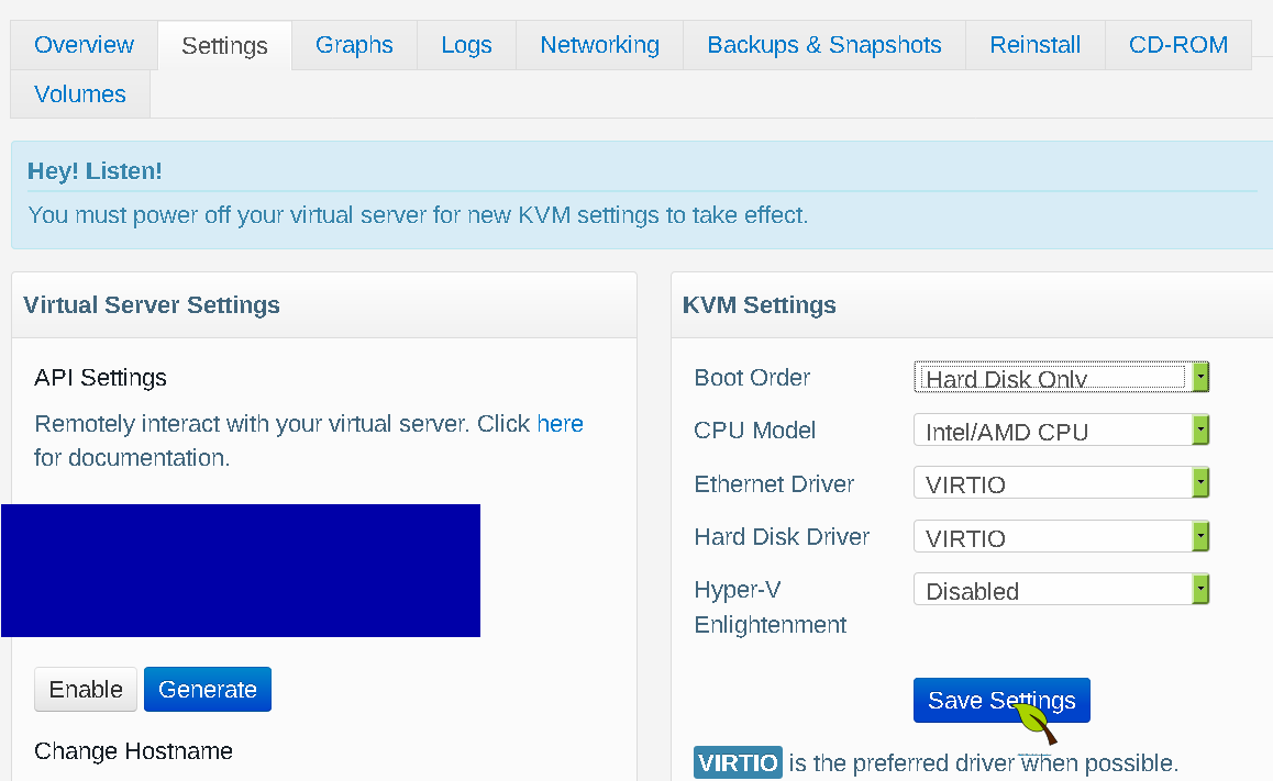 Setting BuyVM to boot from HDD in the control panel