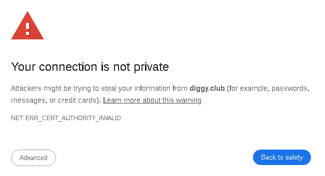 Self-signed cert warning in Chrome-based browsers, claiming the connection is 'not private' and offering a way to 'get back to safety' by leaving the offending page