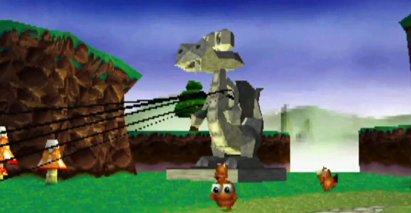 A screenshot of a cutscene in the original Croc; statue has shadows and more colors, mountains visible in the background
