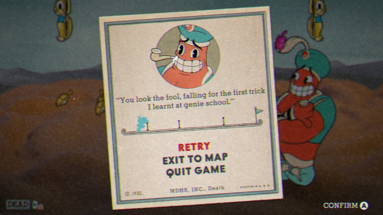 Showing the player character being mocked by Djimmi the Great