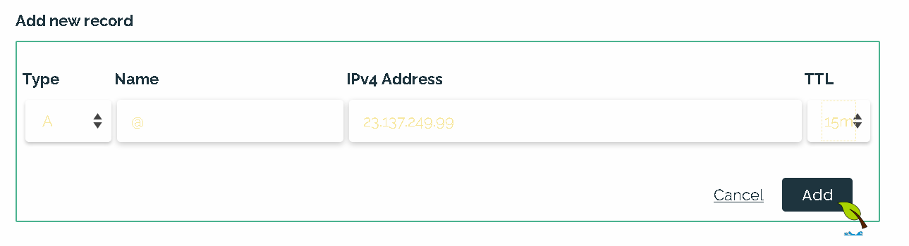 Showing the add record form, with the IP address of the server filled in, and cursor over the 'Add' button'