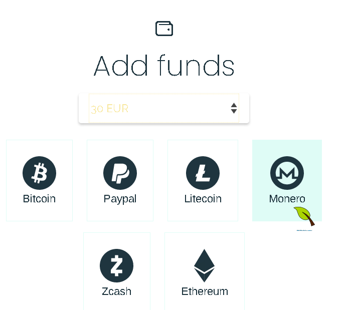 Showing the add funds screen, with 30 euro picked in the dropdown menu, and Monero as the currency of choice