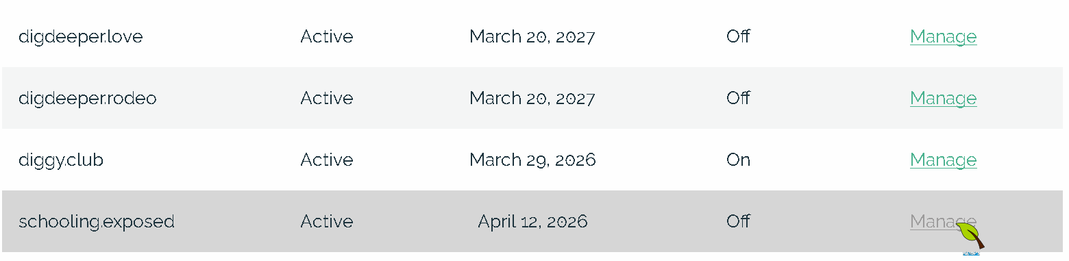 Showing the domain list with cursor over 'manage' for 'schooling.exposed'