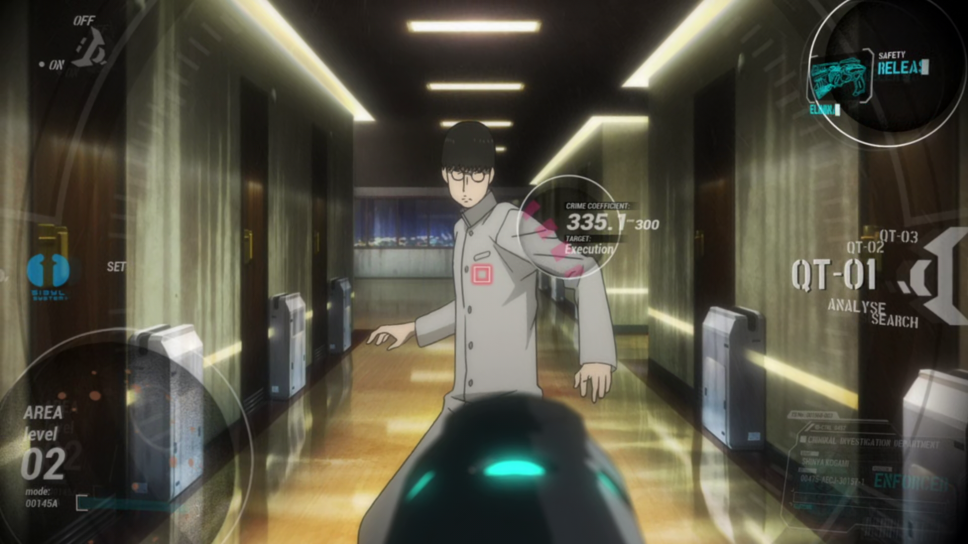 Screenshot from anime Psycho Pass, showing someone's crime coefficient being detected by AI, which judged him as dangerous enough to be killed