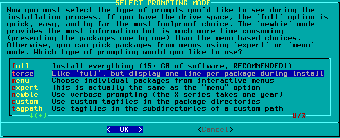 Choosing 'terse' on the package installation style screen